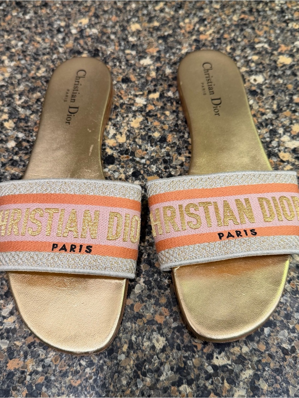 Christian Dior Gold Slide Sandals with Pink Stripe 39.5